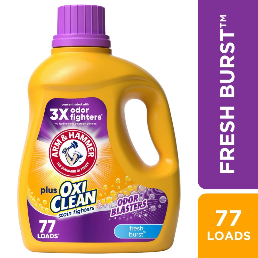 slide 3 of 6, ARM & HAMMER Plus OxiClean Odor Blasters Fresh Burst, 77 Loads Liquid Laundry Detergent, 100.5 Fl oz, 100.5 fl oz