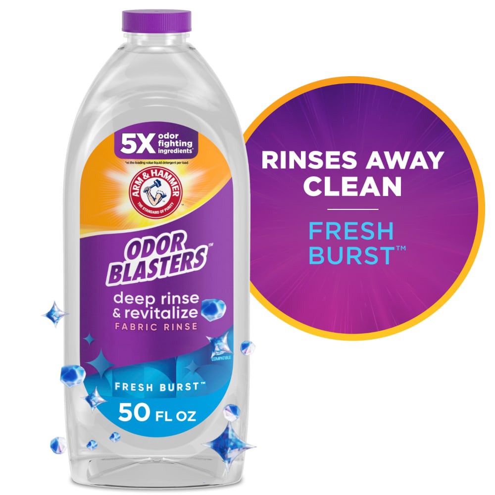 slide 4 of 6, ARM & HAMMER Odor Blasters Deep Rinse & Revitalize Fabric Rinse, Laundry Additive and Odor Eliminator for Sweat, Musty Odors, and Body Odors, Fresh Burst Scent, 50 fl oz, 50 fl oz