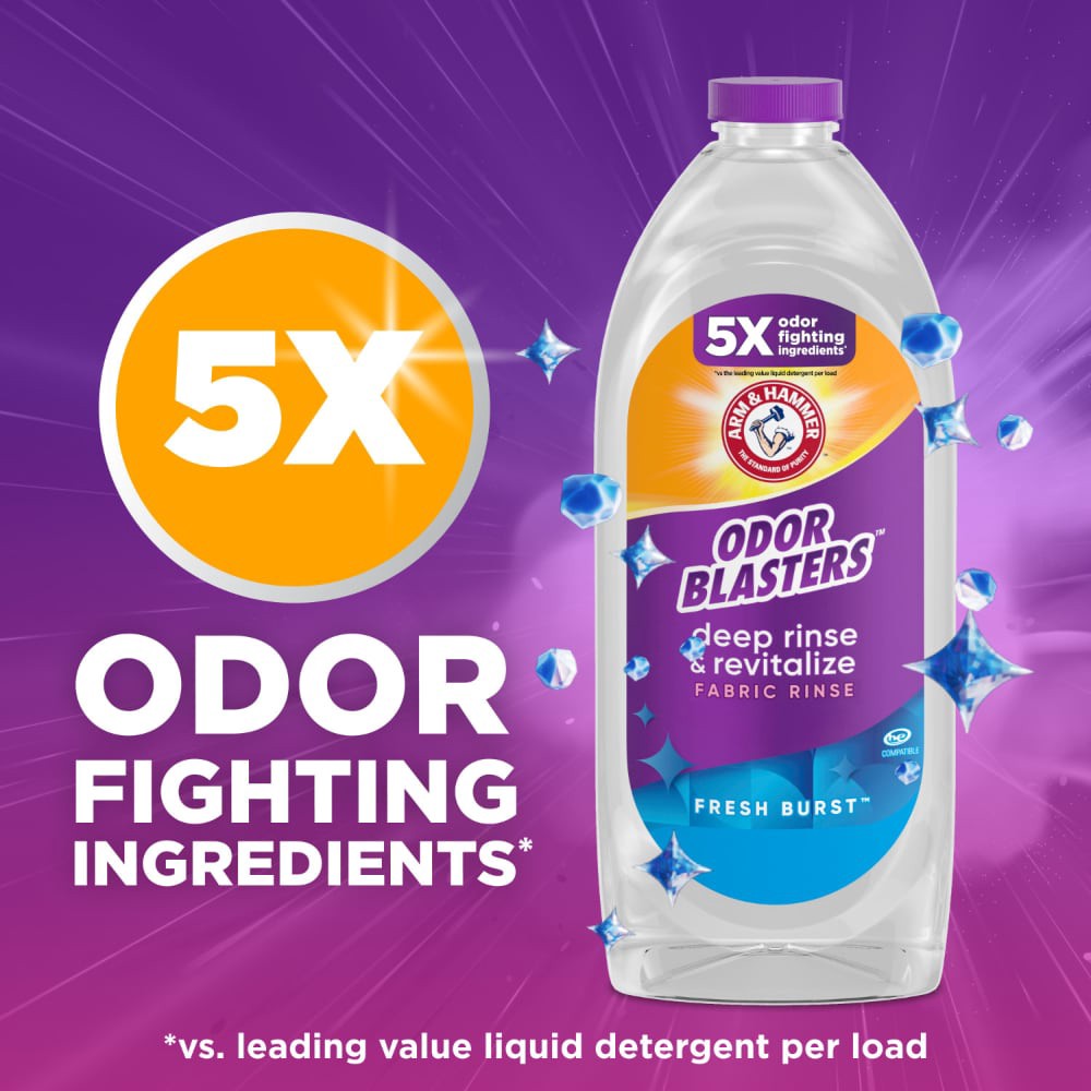 slide 2 of 6, ARM & HAMMER Odor Blasters Deep Rinse & Revitalize Fabric Rinse, Laundry Additive and Odor Eliminator for Sweat, Musty Odors, and Body Odors, Fresh Burst Scent, 50 fl oz, 50 fl oz