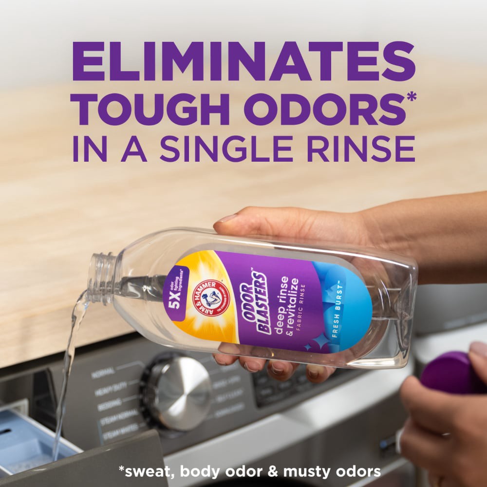 slide 5 of 6, ARM & HAMMER Odor Blasters Deep Rinse & Revitalize Fabric Rinse, Laundry Additive and Odor Eliminator for Sweat, Musty Odors, and Body Odors, Fresh Burst Scent, 50 fl oz, 50 fl oz