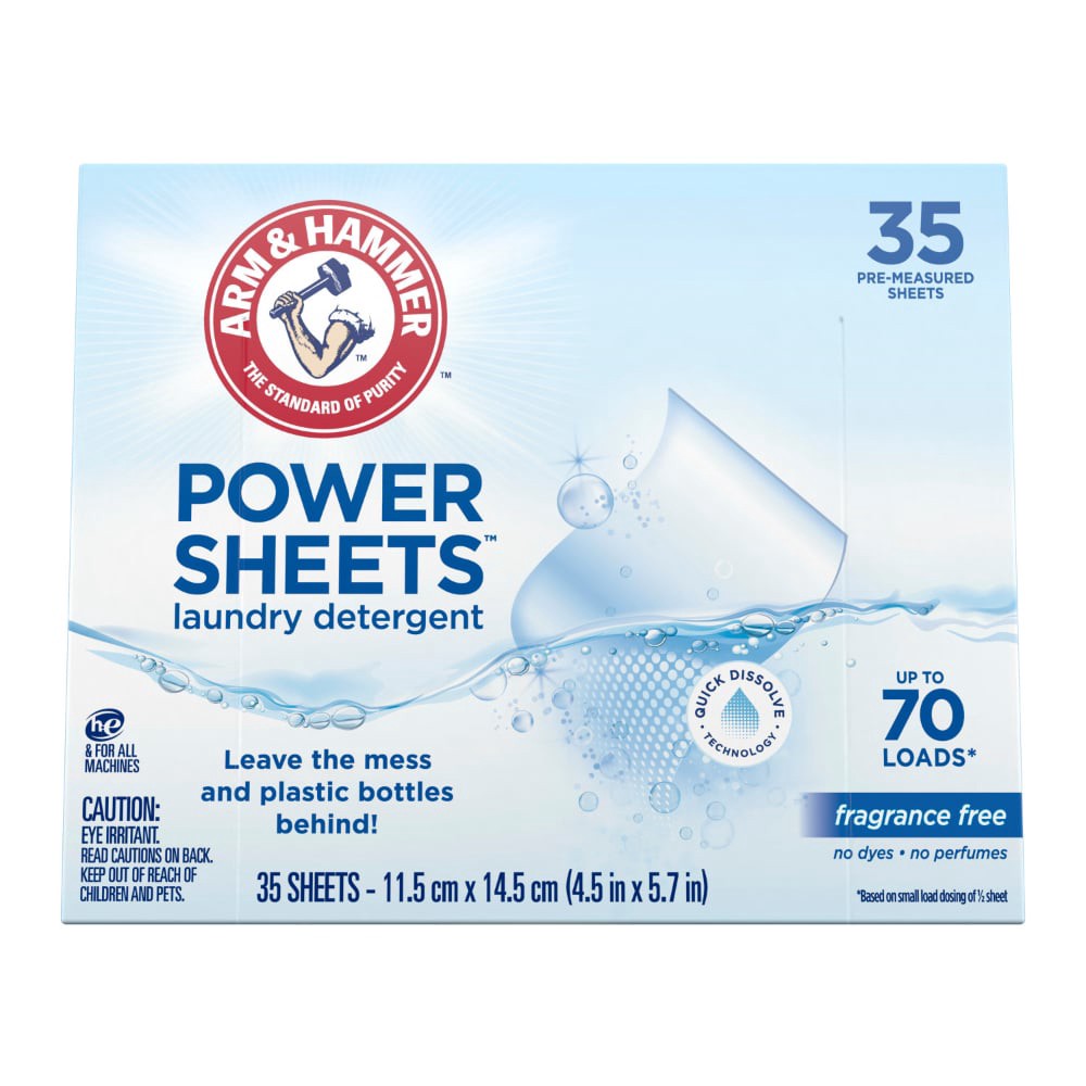 slide 5 of 6, ARM & HAMMER Power Sheets Laundry Detergent, Fragrance Free 35 ct, up to 70 small loads, 35 ct