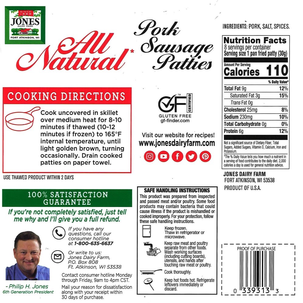 slide 2 of 2, Jones Dairy Farm All Natural Pork Sausage Patties, 8 ct; 12 oz