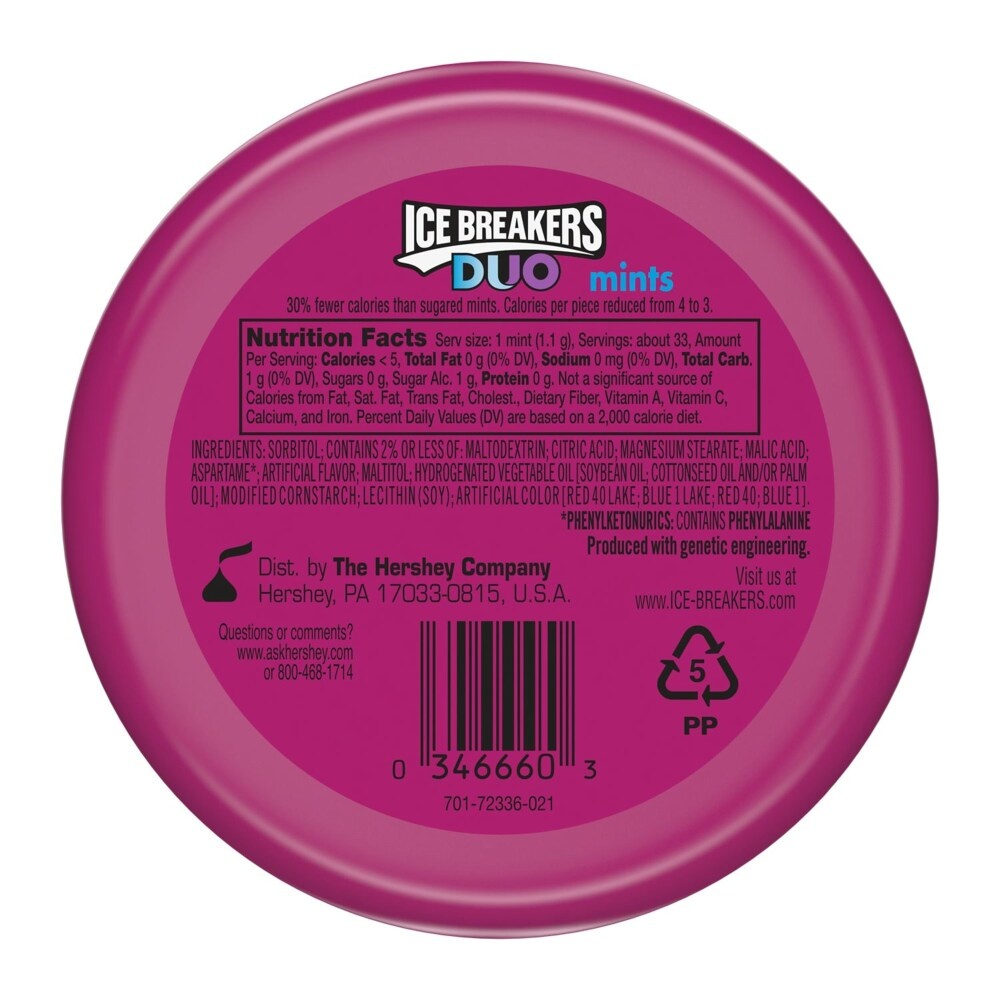 slide 4 of 4, Ice Breakers Duo Fruit Plus Cool Raspberry Sugar Free Mints Tin, 1.3 oz, 1.3 oz