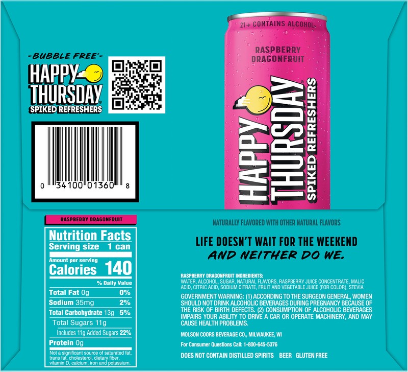 slide 2 of 5, Happy Thursday Raspberry Dragonfruit Spiked Refreshers 12 - 12 fl oz Cans, 12 ct; 12 fl oz