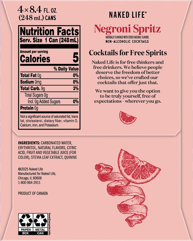 slide 2 of 5, Naked Life Non-Alcoholic Negroni Spritz Cocktail 4 - 8.4 fl oz Cans, 4 ct