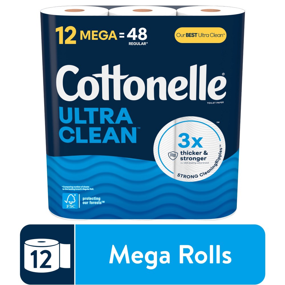 slide 3 of 6, Cottonelle Ultra Clean Toilet Paper, Strong Toilet Tissue, 12 Mega Rolls (12 Mega Rolls = 48 Regular Rolls), 284 Sheets Per Roll, 12 ct