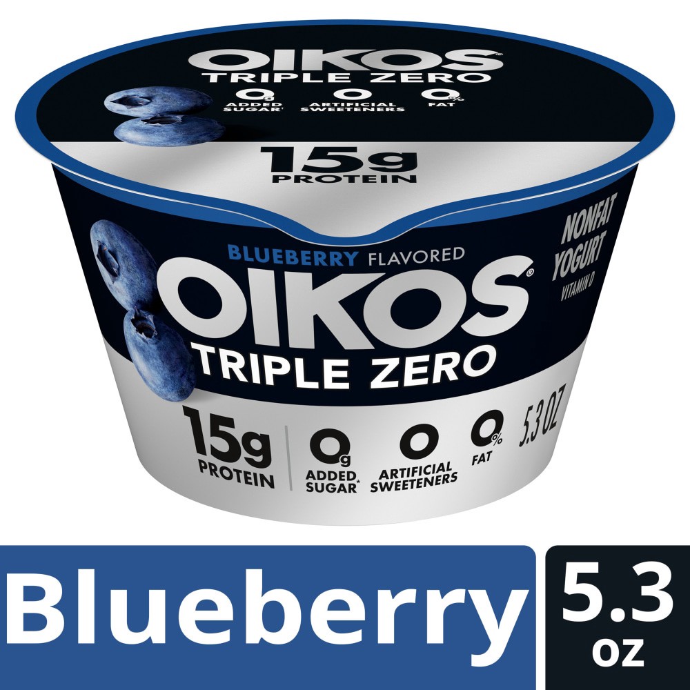 slide 2 of 6, Oikos Blueberry 15g Protein, 0g Added Sugar, Nonfat Greek Yogurt, 5.3 OZ Cup, 5.3 oz