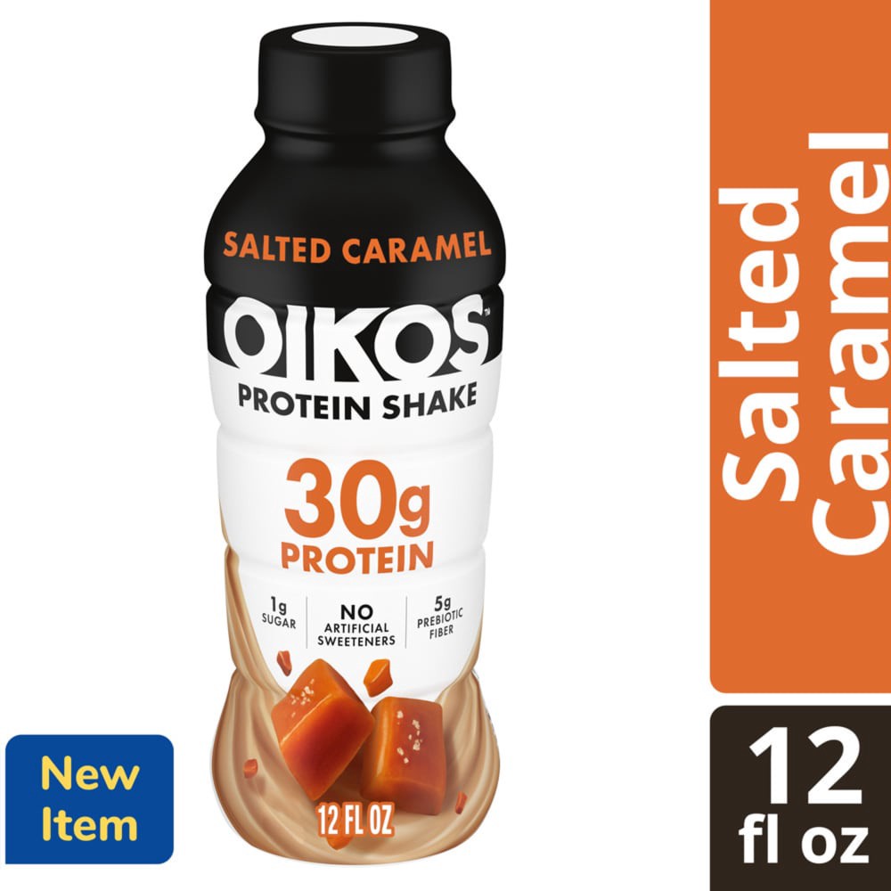 slide 5 of 6, Oikos Protein Shake, Salted Caramel, 30g Protein, Shelf Stable, 12 Fl Oz Bottle, 12 fl oz