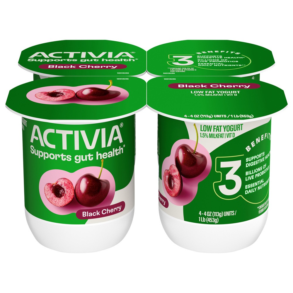 slide 1 of 1, Activia Black Cherry Probiotic Yogurt, Lowfat Yogurt Cups, 4 OZ, 4 CT, 4 ct