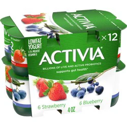 Activia Strawberry and Blueberry Probiotic Yogurt, Lowfat Yogurt Cups, 4 OZ, 12 CT