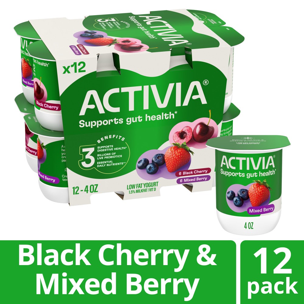 slide 1 of 6, Activia Black Cherry and Mixed Berry Probiotic Yogurt, Lowfat Yogurt Cups, 4 OZ, 12 CT, 12 ct