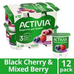 Activia Black Cherry and Mixed Berry Probiotic Yogurt, Lowfat Yogurt Cups, 4 OZ, 12 CT