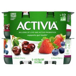 Activia Black Cherry and Mixed Berry Probiotic Yogurt, Lowfat Yogurt Cups, 4 OZ, 12 CT