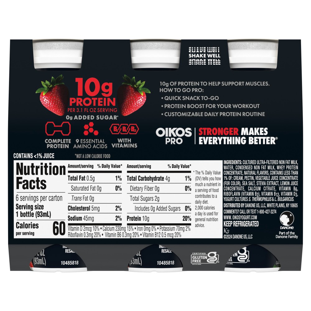 slide 2 of 4, Oikos Pro Shots Strawberry Dairy Drink, 10g of Protein, 0g Added Sugar, Convenient High Protein Snack, 6ct, 3.1 Fl Oz Bottle, 6 ct