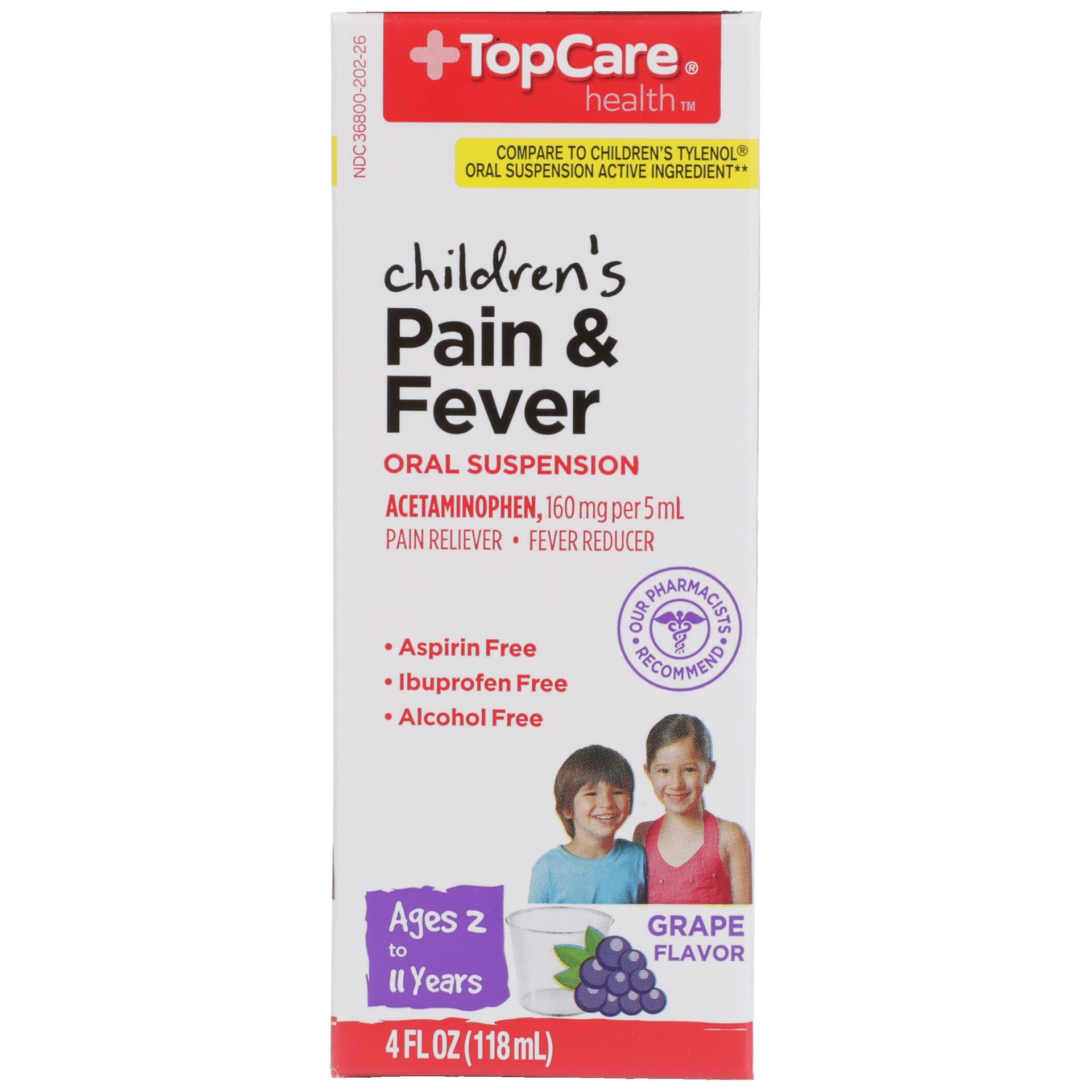 slide 2 of 6, TopCare Health 160 mg Children's Oral Suspension Grape Flavor Pain & Fever 4 fl oz, 4 oz
