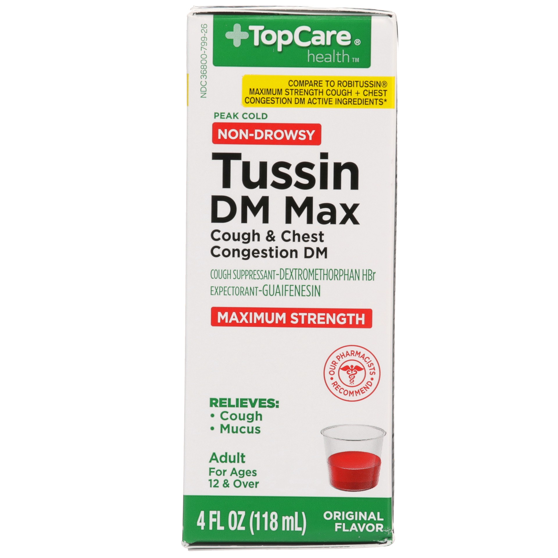 slide 3 of 6, TopCare Health Non-Drowsy Maximum Strength Raspberry Menthol Flavor Tussin DM Max 4 fl oz, 4 fl oz