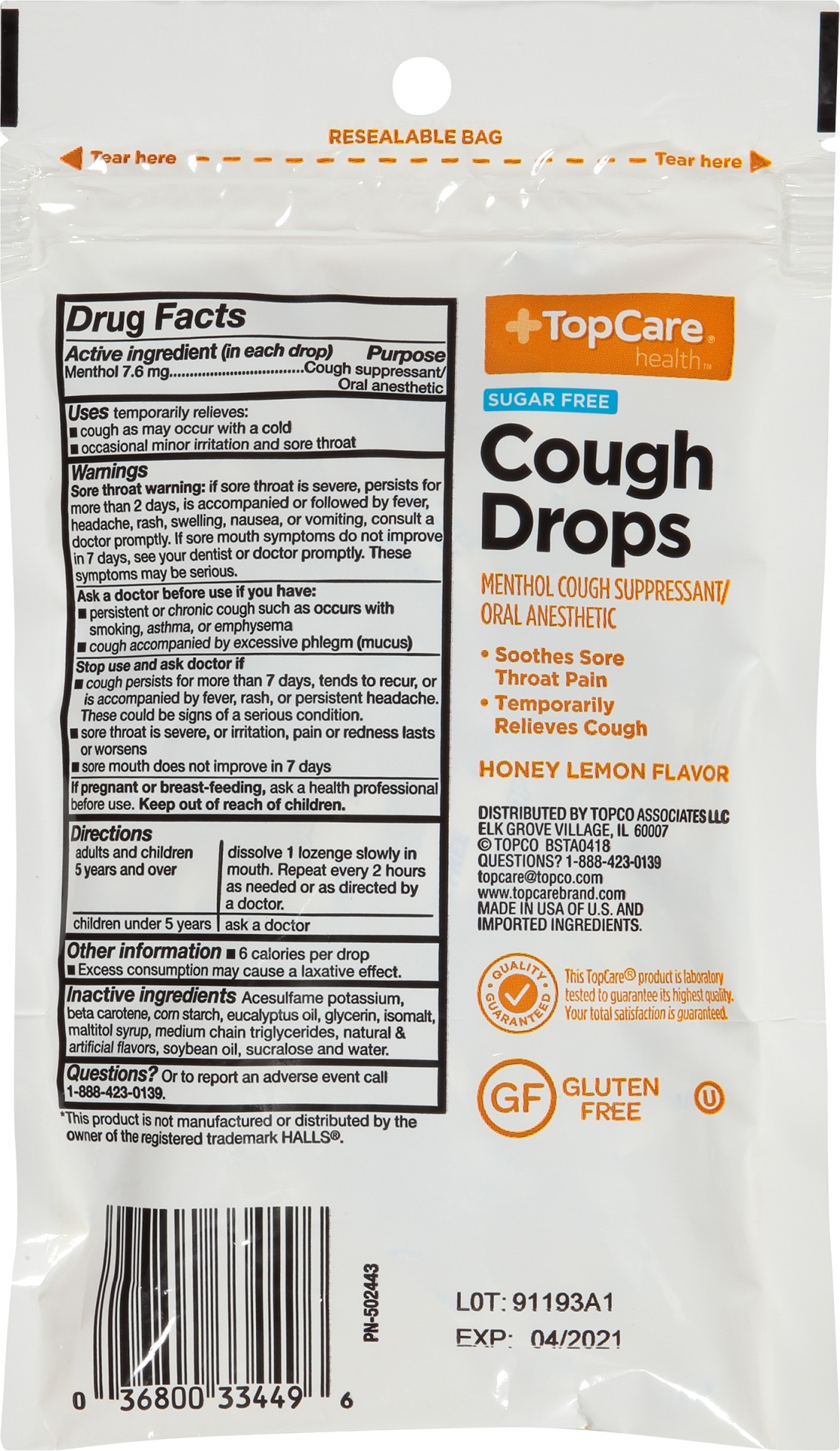 slide 6 of 6, TopCare Menthol Sugar Free Honey Lemon Cough Drops, 25 ct