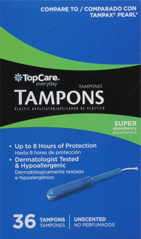 slide 3 of 4, TopCare Everyday Super Absorbency Plastic Applicator Unscented Tampons 36 ea, 36 ct
