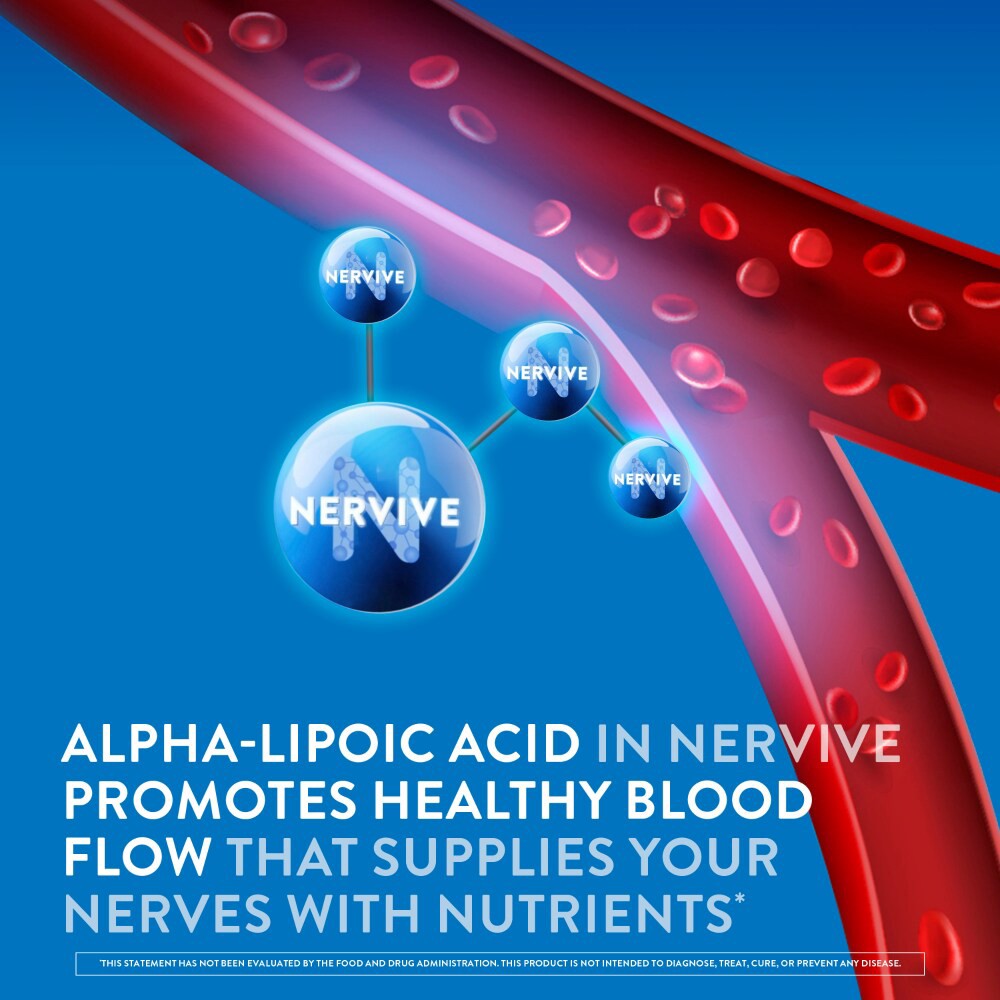 slide 4 of 6, Nervive Nerve Relief, Reduces Occasional Nerve Discomfort in as Little as 7 Days, Stabbing/Pins and Needles, Burning in Hands and Feet*, Alpha Lipoic Acid, B Vitamins, Turmeric, Ginger, 30 Tablets, 30 ct