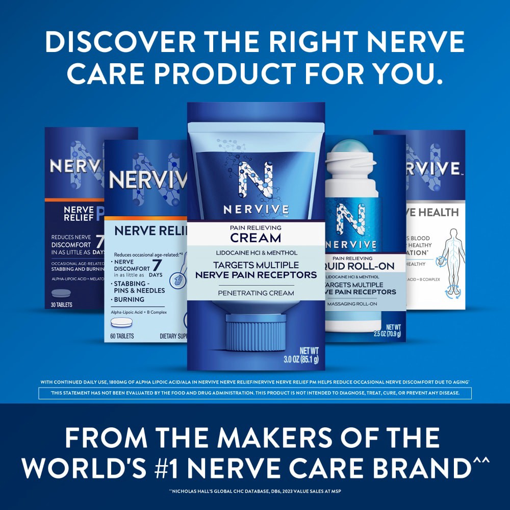 slide 3 of 6, Nervive Nerve Relief, Reduces Occasional Nerve Discomfort in as Little as 7 Days, Stabbing/Pins and Needles, Burning in Hands and Feet*, Alpha Lipoic Acid, B Vitamins, Turmeric, Ginger, 30 Tablets, 30 ct