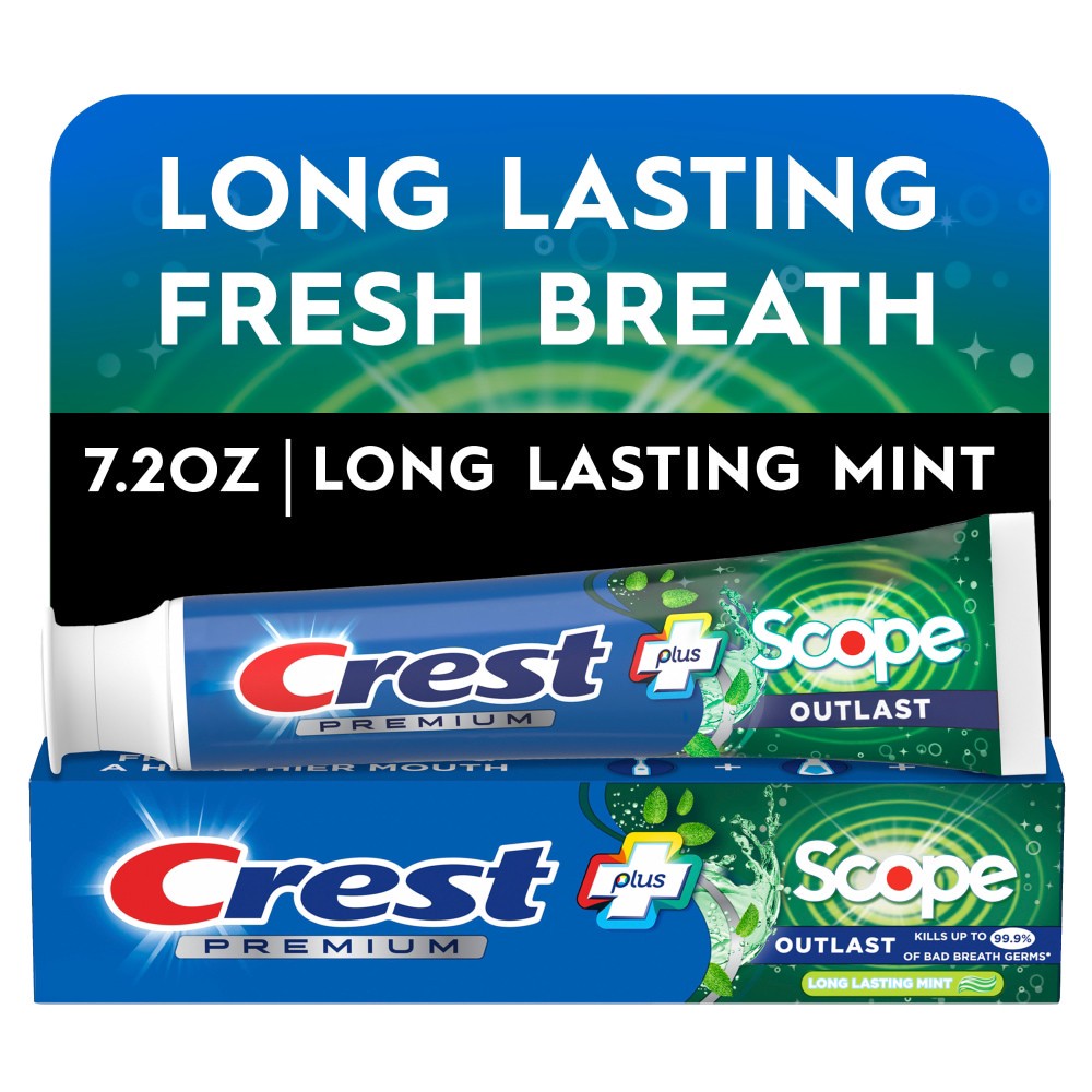 slide 4 of 6, Crest Premium Plus Scope Outlast Toothpaste, Long Lasting Mint Flavor, 7.2 oz