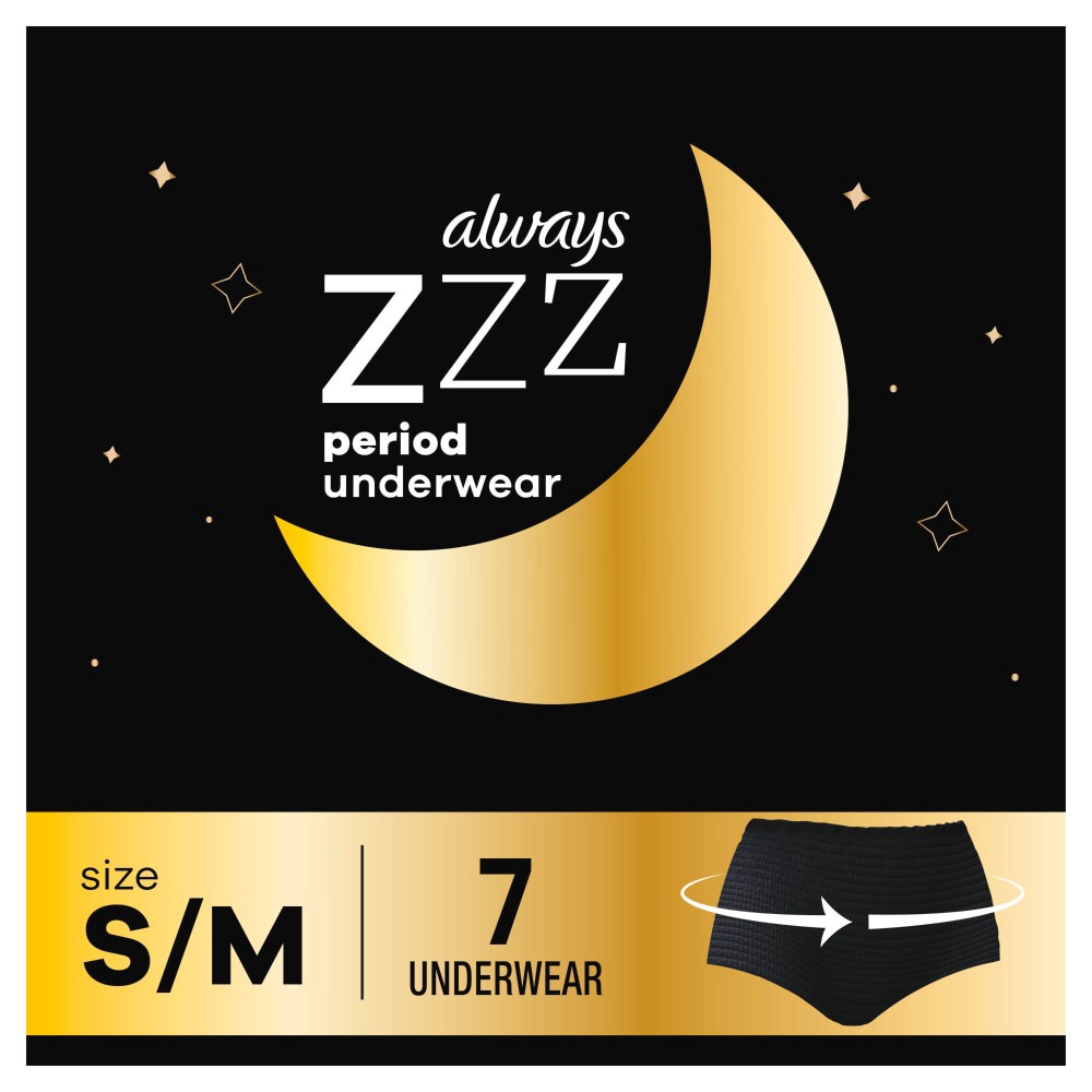 slide 3 of 8, Always ZZZ Overnight Disposable Period Underwear for Women Sz S-M, 360° Coverage for Worry-Free Nights, 7 Count, 7 ct