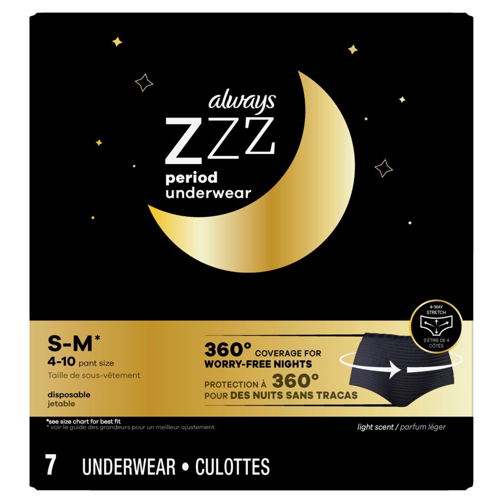 slide 5 of 8, Always ZZZ Overnight Disposable Period Underwear for Women Sz S-M, 360° Coverage for Worry-Free Nights, 7 Count, 7 ct