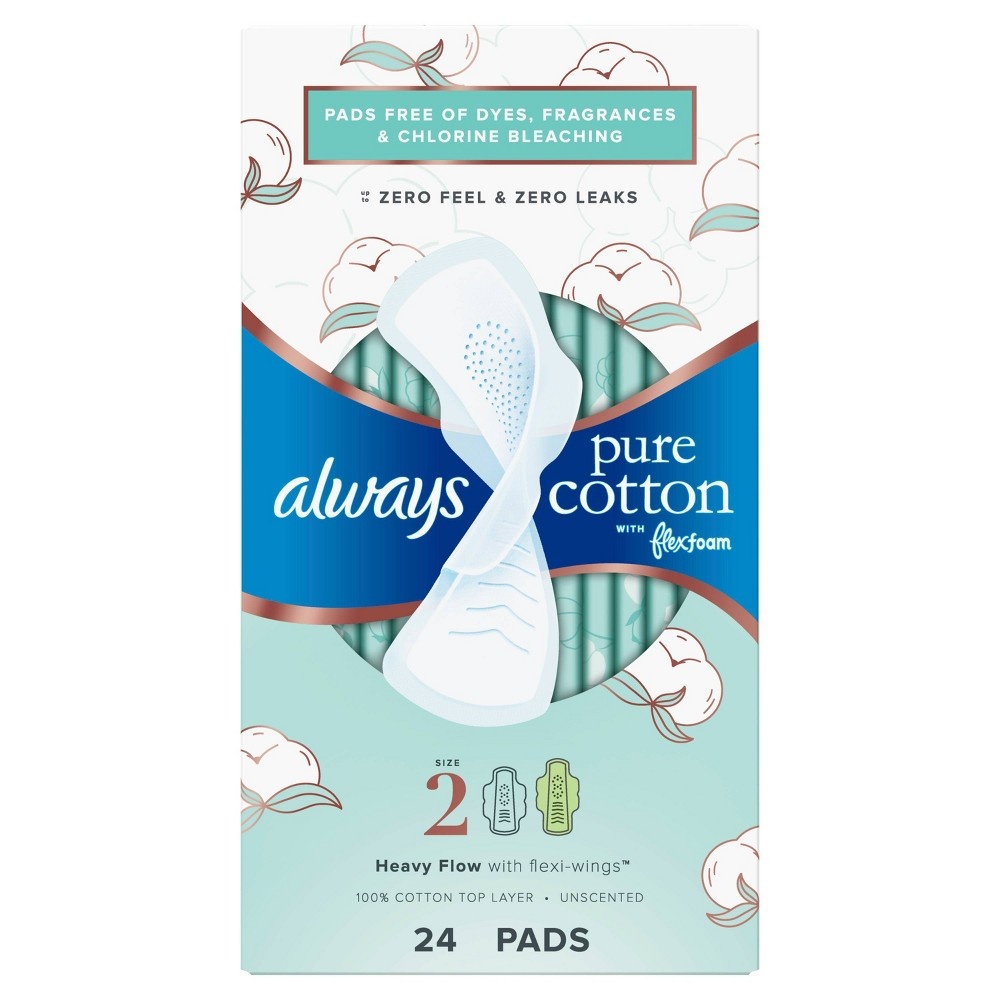 slide 4 of 4, Always Pure Cotton Feminine Pads for Women, Size 2, Heavy, with wings, unscented, 24 CT, 24 ct