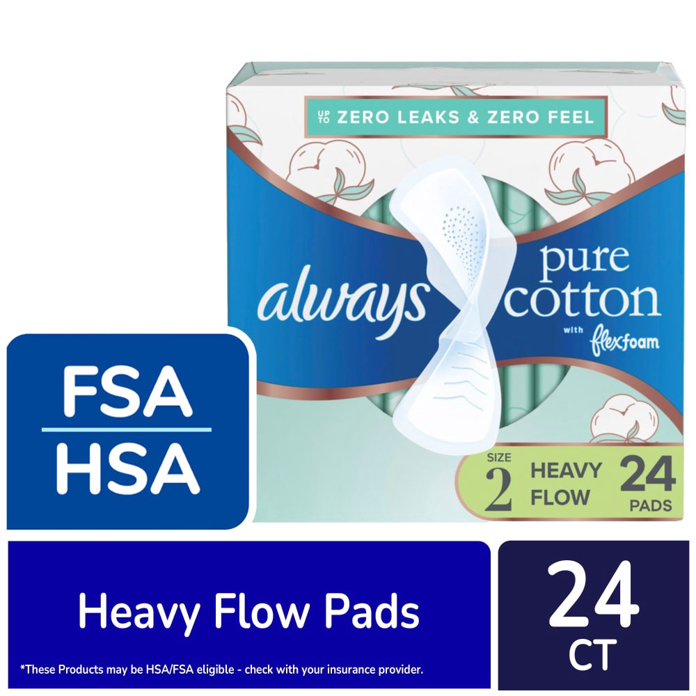 slide 2 of 6, Always Pure Cotton Feminine Pads for Women, Size 2, Heavy, with wings, unscented, 24 CT, 24 ct