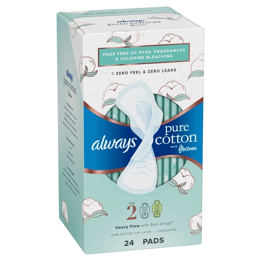 slide 2 of 4, Always Pure Cotton Feminine Pads for Women, Size 2, Heavy, with wings, unscented, 24 CT, 24 ct