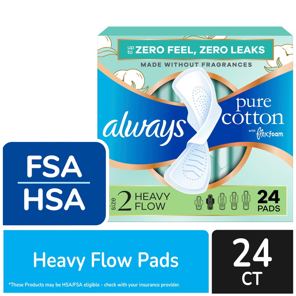 slide 3 of 6, Always Pure Cotton Pads with FlexFoam, Size 2, Heavy Absorbency, with Wings, Unscented, 24 CT, 24 ct