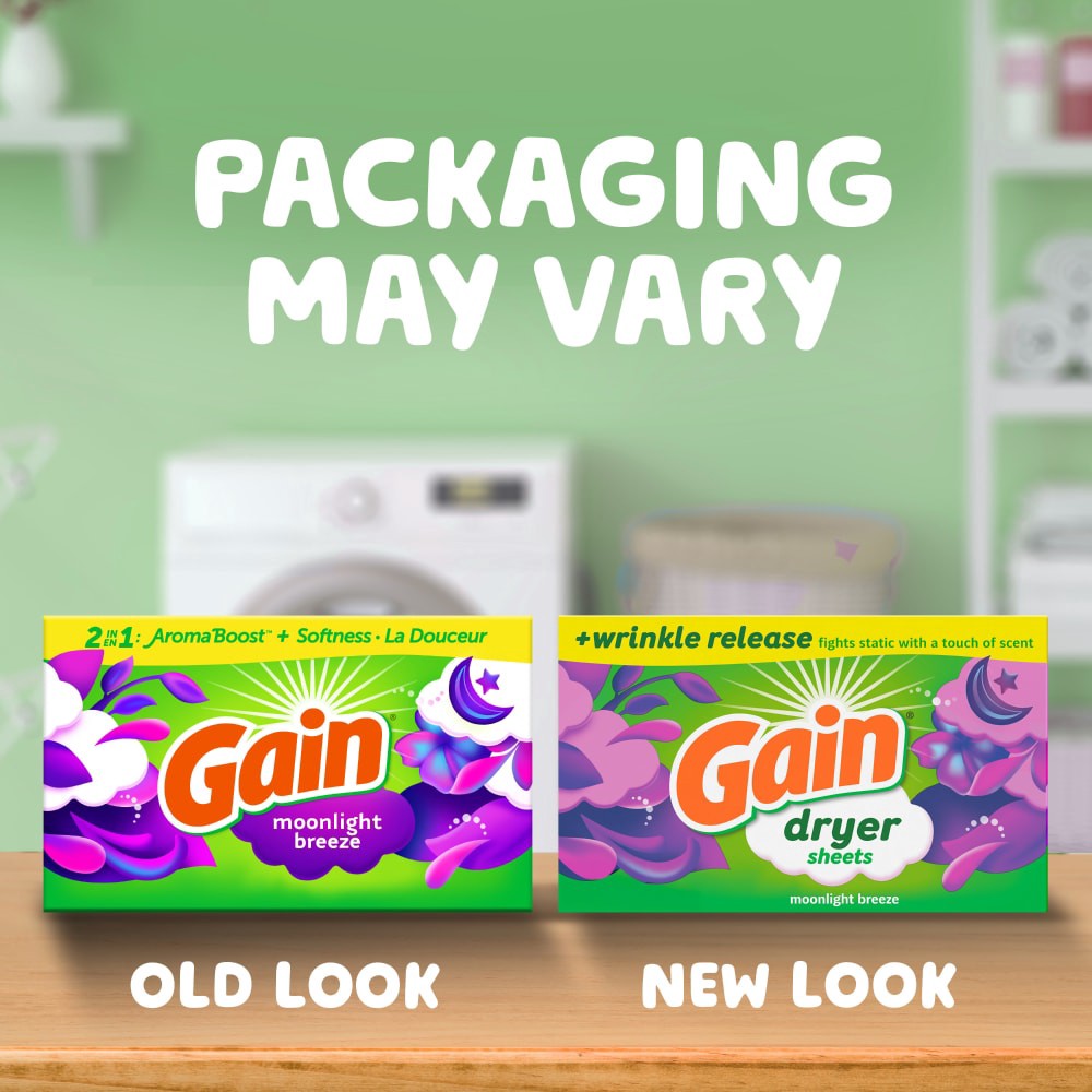 slide 3 of 6, Gain dryer sheets, 105 Count, Moonlight Breeze Scent, Laundry Fabric Softener Sheets with 2-in-1 Aromaboost Plus Softness, 105 ct