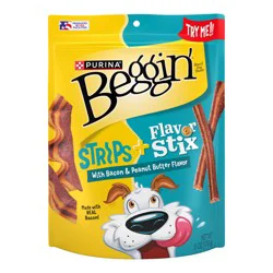 Purina Beggin' Strips & Flav Stix, Bacon and Peanut Butter Flavor