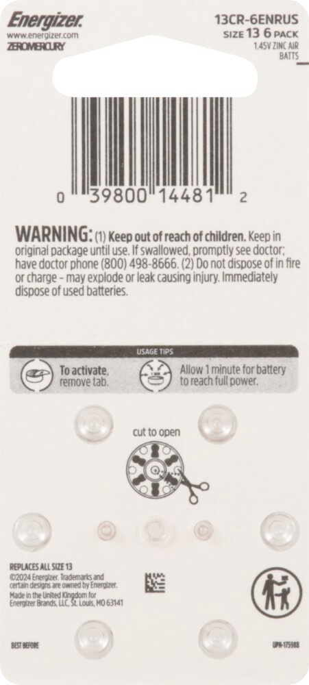 slide 2 of 2, Energizer Hearing Aid Battery 13 Orange, 6 ct