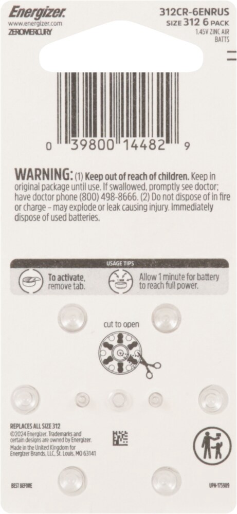 slide 2 of 2, Energizer Hearing Aid Batteries Size 312, Brown Tab, 6 Pack, 6 ct
