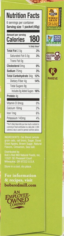 slide 4 of 5, Bob's Red Mill Whole Grain Apple & Cinnamon Instant Oatmeal 6 - 1.59 oz Packets, 6 ct