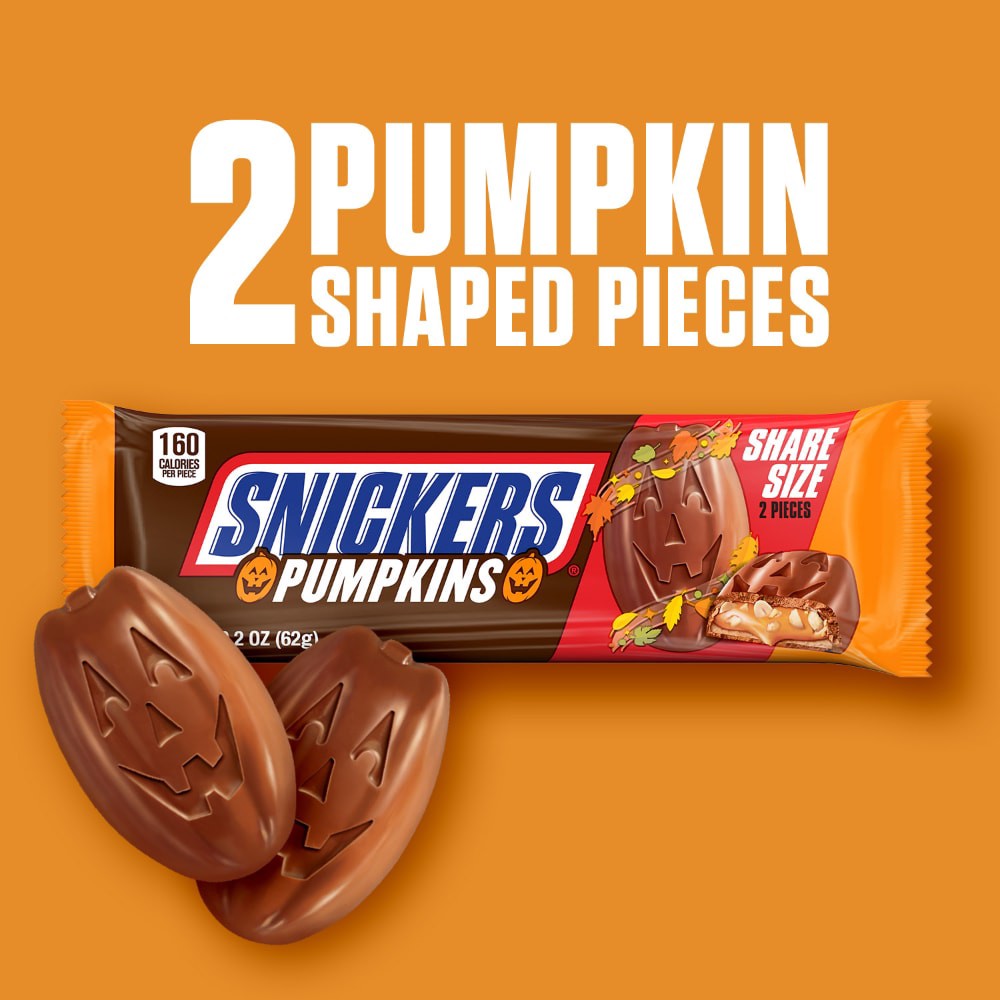 slide 4 of 6, Snickers Pumpkins Chocolate Halloween Candy Bars, Share Size - 2.2 Oz Pack, 2 ct
