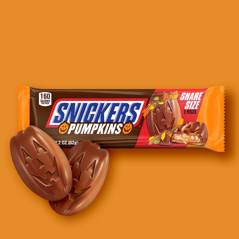 slide 6 of 6, Snickers Pumpkins Chocolate Halloween Candy Bars, Share Size - 2.2 Oz Pack, 2 ct