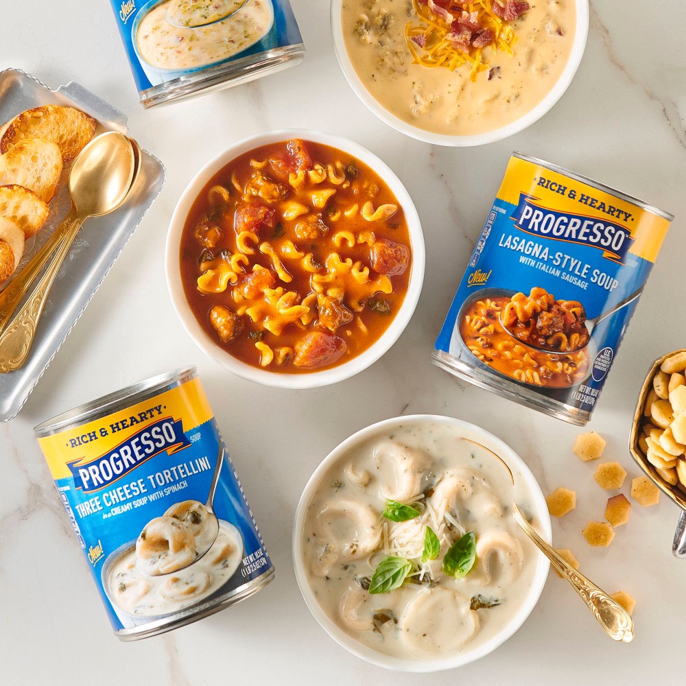 slide 5 of 6, Progresso Rich & Hearty, Three Cheese Tortellini in a Creamy Soup With Spinach, 18.5 oz., 18.5 oz