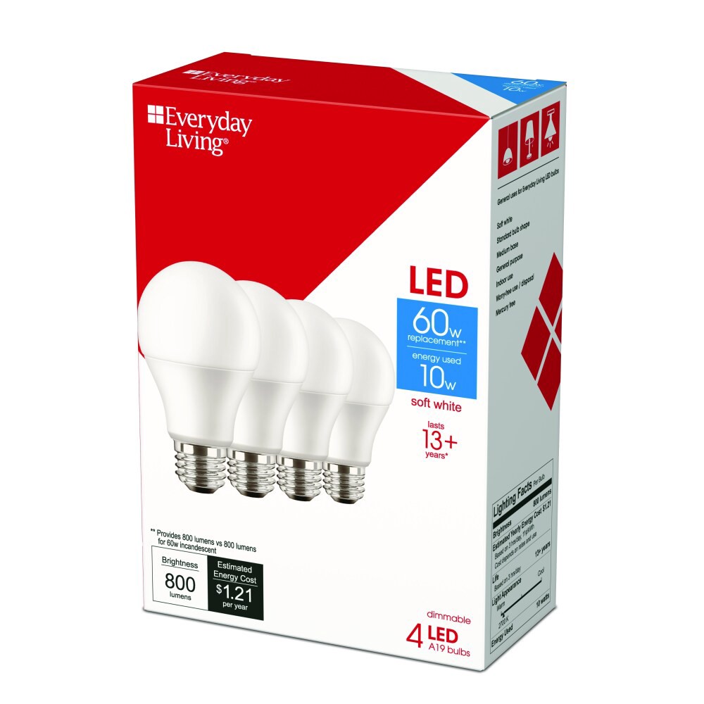 slide 5 of 6, Everyday Living 10-Watt (60-Watt) A19 Led Light Bulbs, 4 ct