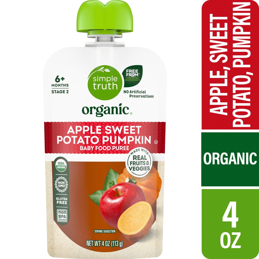 slide 4 of 5, Simple Truth Organic Apple Sweet Potato Pumpkin Stage 2 Baby Food Puree, 4 oz