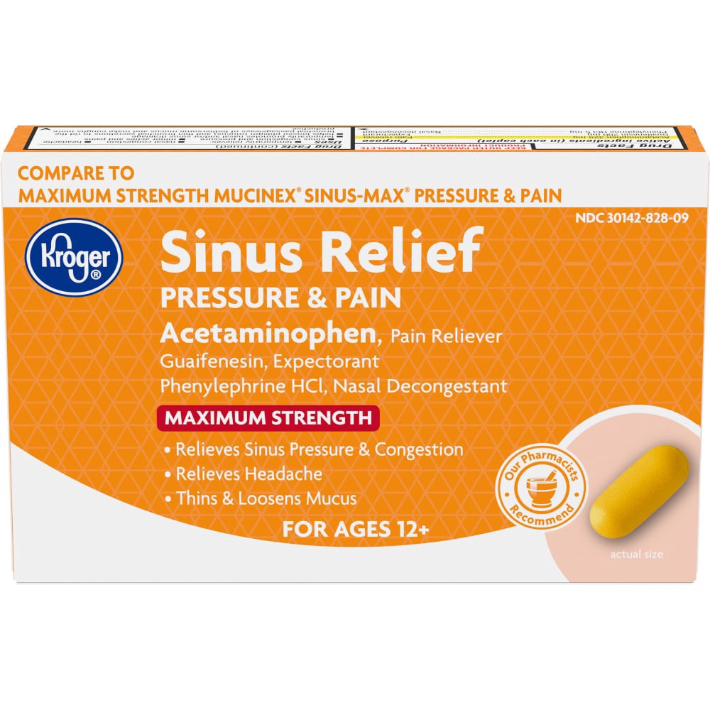 slide 3 of 3, Kroger Maximum Strength Sinus Relief Pressure & Pain Acetaminophen, 20 ct