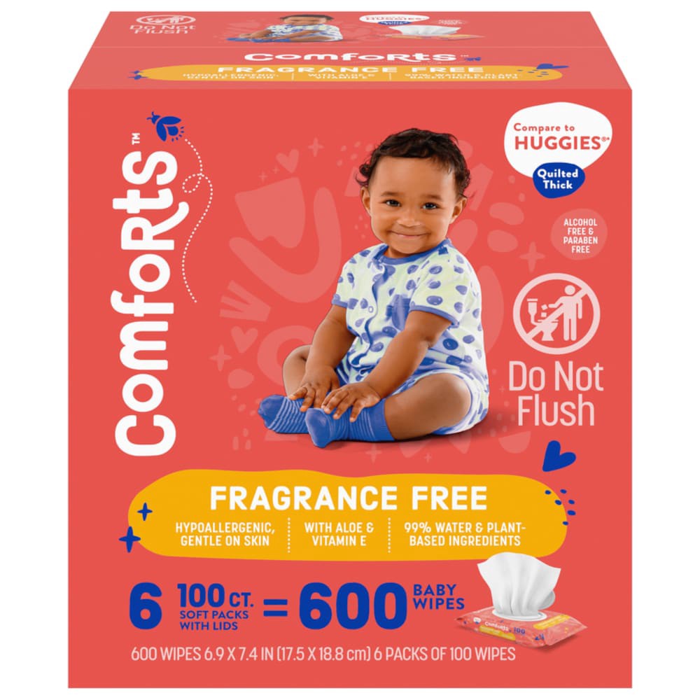 slide 2 of 3, Comforts Fragrance-Free Baby Wipes Soft Packs, 6 ct; 100 ct