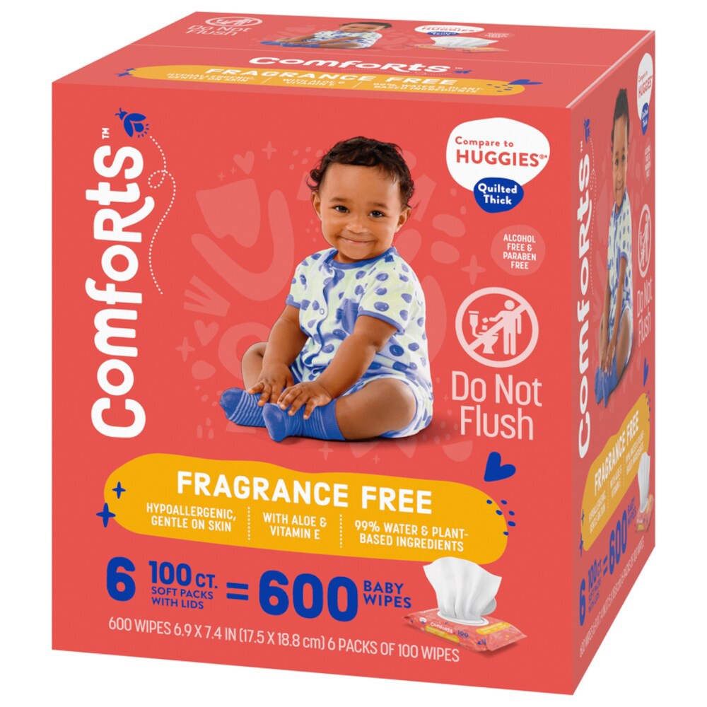 slide 3 of 3, Comforts Fragrance-Free Baby Wipes Soft Packs, 6 ct; 100 ct