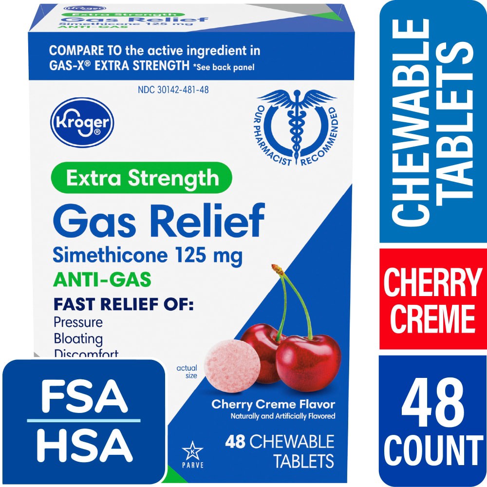 slide 3 of 3, Kroger Extra Strength Cherry Creme Gas Relief Chewable Tablets 125Mg, 48 ct