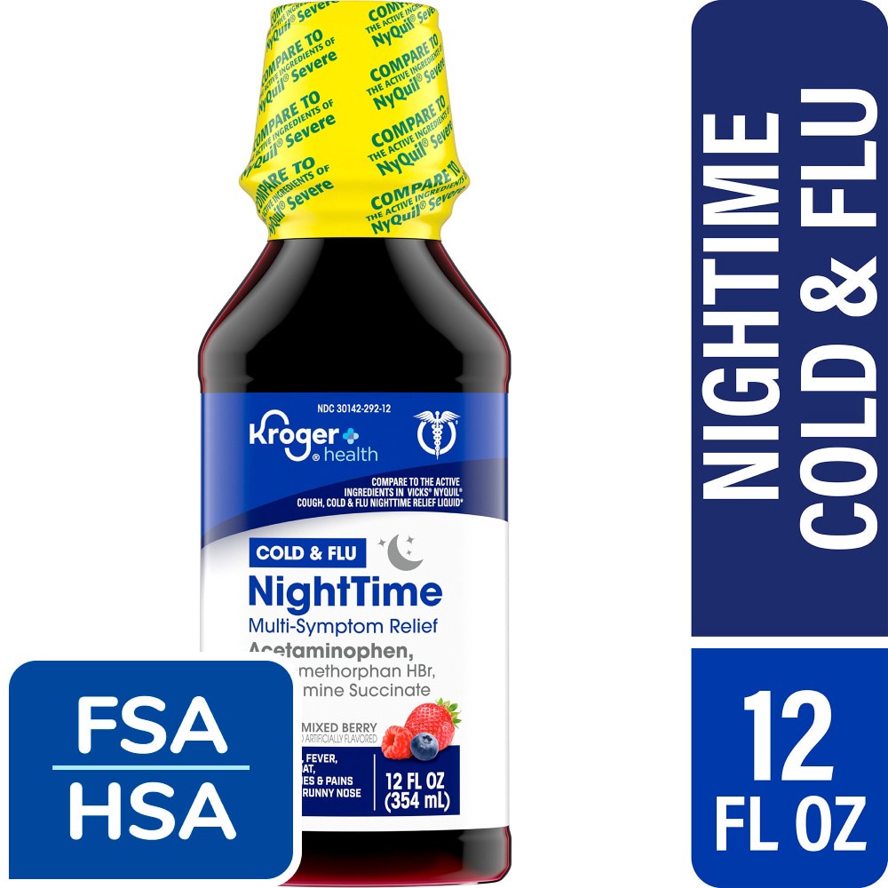 slide 2 of 3, Kroger Mixed Berry Nighttime Cold & Flu Multi-Symptom Relief Liquid, 12 fl oz
