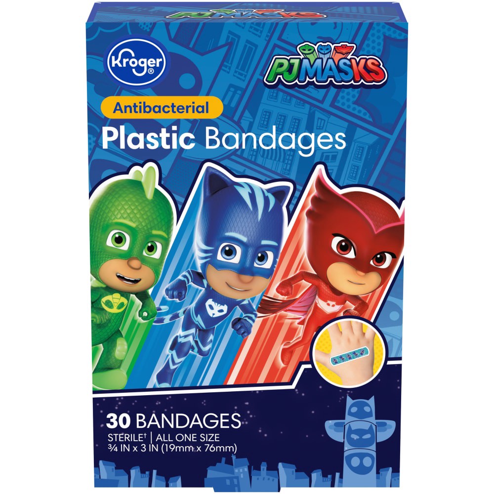 slide 2 of 3, Kroger Pj Masks Antibacterial Kids Plastic Bandages, 30 ct