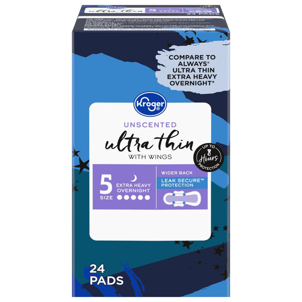slide 2 of 2, Kroger Ultra Thin Extra Heavy Overnight Pad, 24 ct
