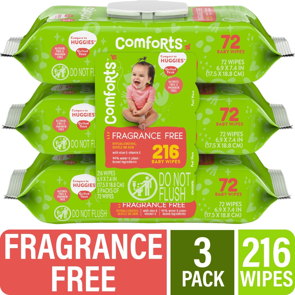 slide 2 of 6, Comforts Fragrance Free Baby Wipes, 3 pk; 72 ct