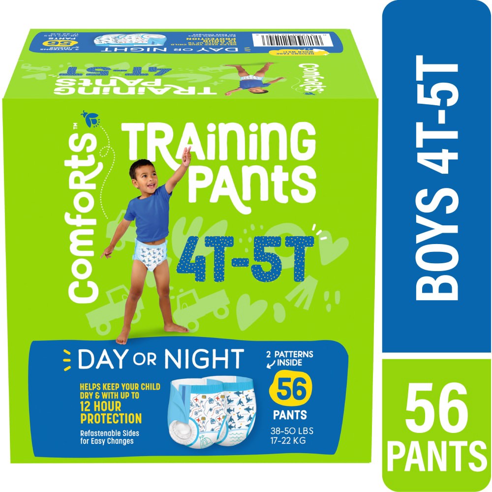 slide 3 of 5, Comforts™ Day or Night Training Pants Boys 4T-5T (37+ lbs), 56 ct